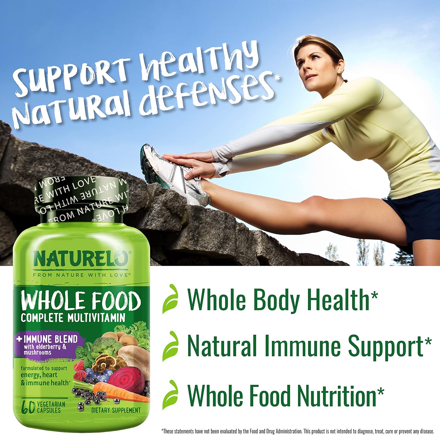 NATURELO Whole Food Multivitamin + Immune Blend with Elderberry & Mushrooms - Complete Multivitamin with Extra Immune Support - C, D3, Zinc, Elderberry, Reishi, Shitake - 60 Vegan Capsules - Image 6