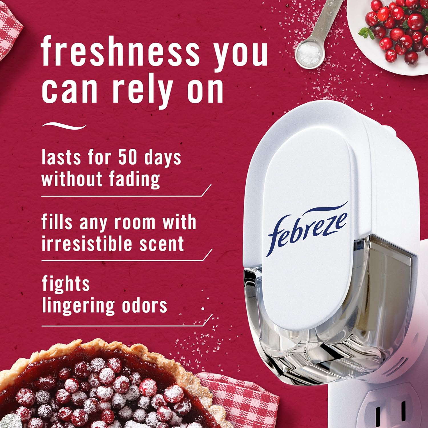 Febreze Plug-In Air Freshener, Odor-Fighting Scented Oil Refill for Home, Bathroom & Kitchen, Holiday Cranberry Crumble Scent, 0.87 oz Refills, 4 Count - Image 2