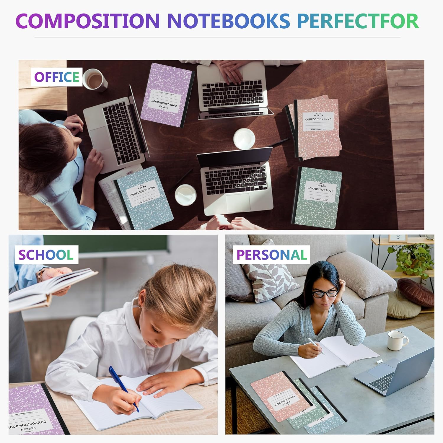 Yeplan Composition Notebooks 4 pack, Wide Ruled Notebook Paper, 9 3/4" x 7 1/2", 80 Sheets/160 Pages, Aesthetic Marble Composition Notebook for School & Office Supplies (4, Pastel Marble Colors) - Image 6