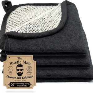 Terry Wash Cloths for Face and Body, Dual-Sided Cleansing and Exfoliating Washcloths, Machine Wash, Black, 3 Count