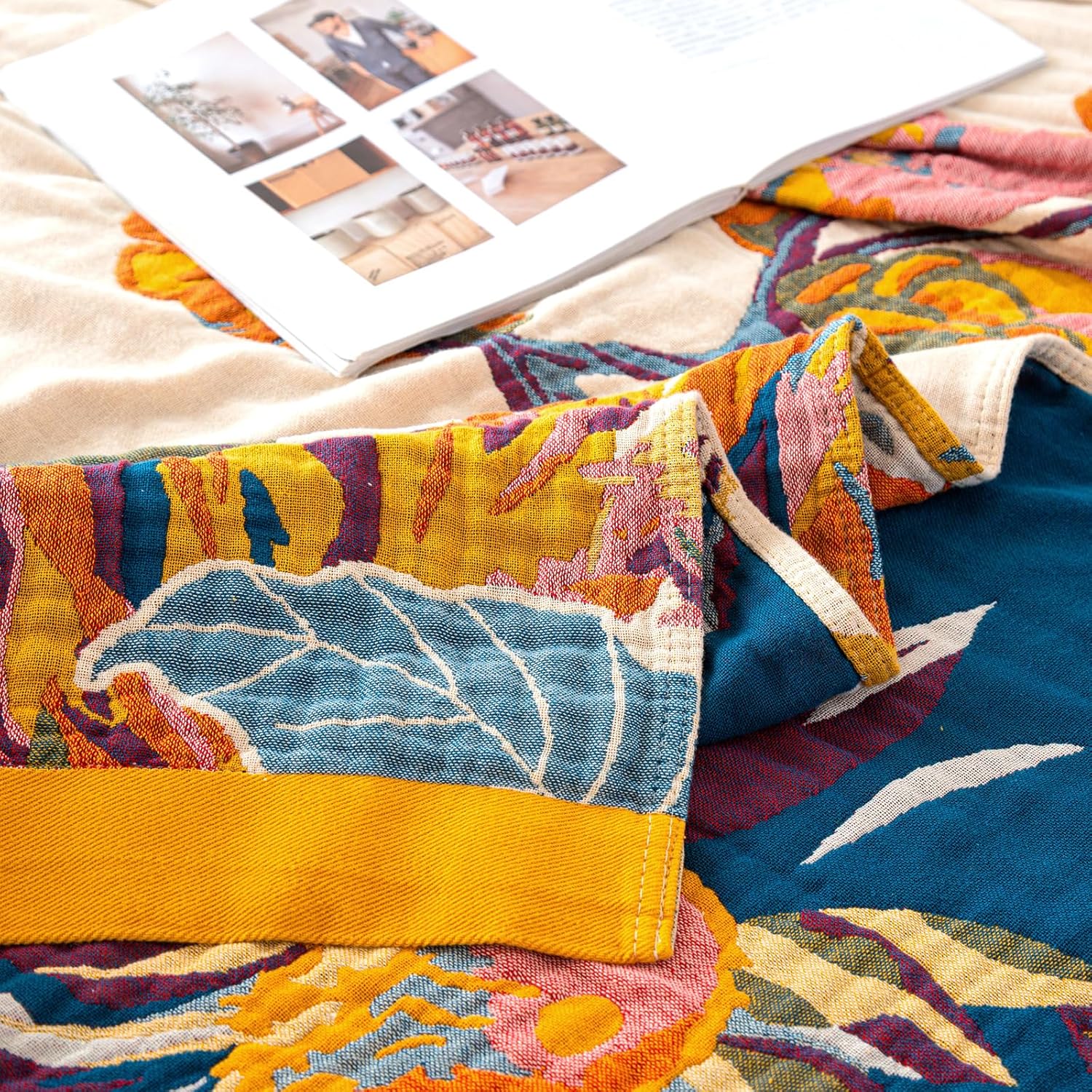MSGKV Boho Throw Blanket 60''x80'',100% Cotton Blanket for Couch Bed, Summer Breathable Quilt Farmhouse Home Decor Soft Lightweight Picnic Blankets - Image 9