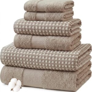 Modern Threads 6 Piece Cotton Bath Towel Set – Ultra Soft 600 GSM Towels – Bathroom Set with Hand Towels and Washcloths – Waffle (Classic Taupe)