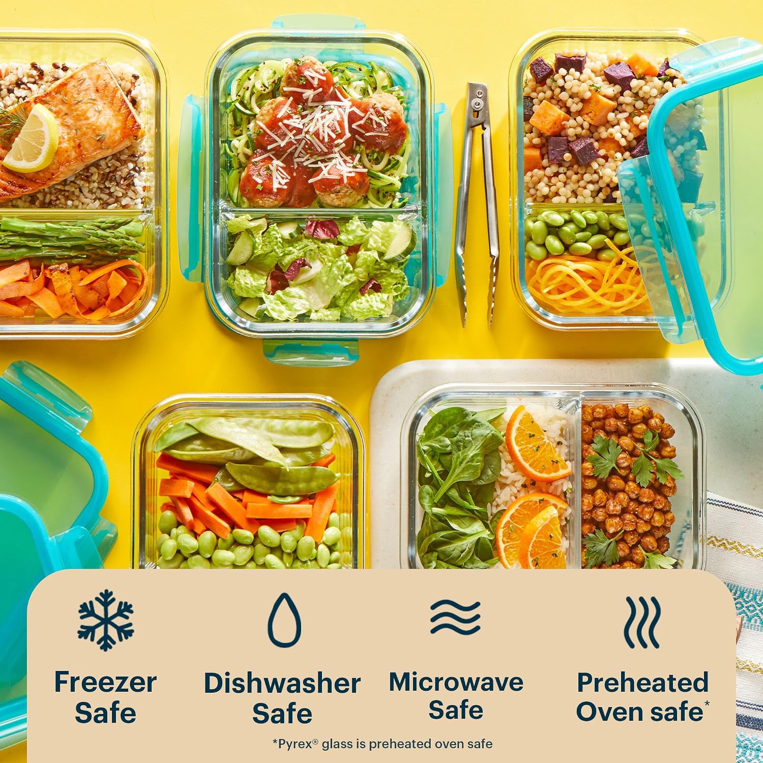 Pyrex Glass MealBox (5-Pack, 4 Cup) Divided Compartments with Locking Lids, For Meal Prepping and Portioning, BPA Free Microwave Dishwasher Safe - Image 8