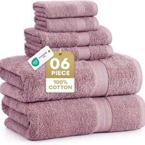 LANE LINEN 100% Cotton Turkish Towels for Bathroom – 6 Piece – Softer & Highly Absorbent – 2 Bath, 2 Wash cloths, 2 Hand Towels – Complete Family Set, Hotel Quality & Gentle on Skin – Wistful Mauve