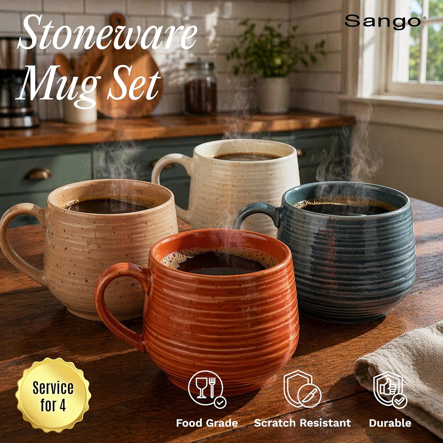 Sango 17.5 oz Stoneware Coffee Mugs Set of 4, Rustic Ceramic Mug with Speckled Reactive Glaze, Large Pottery Drinkware for Coffee or Tea, Dishwasher & Microwave Safe Mugs, Siterra Painter’s Palette - Image 3