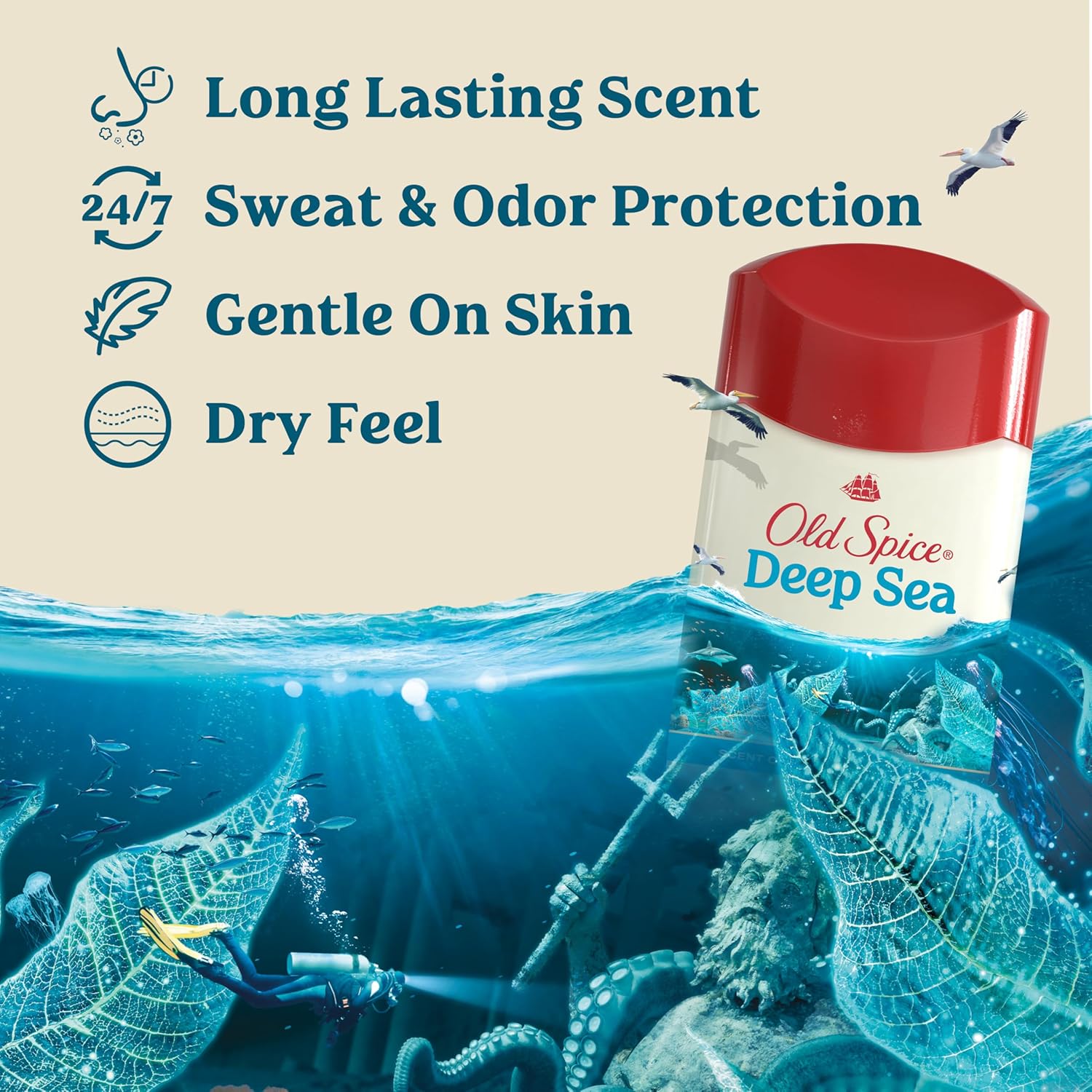 Old Spice Dry Feel Antiperspirant Deodorant for Men, 24/7 Freshness, 24/7 Sweat & Odor Protection, Gentle on Skin with Skin Conditioners, Deep Sea with Ocean Waves + Kelp Scent, 2.6 oz (Pack of 2) - Image 3