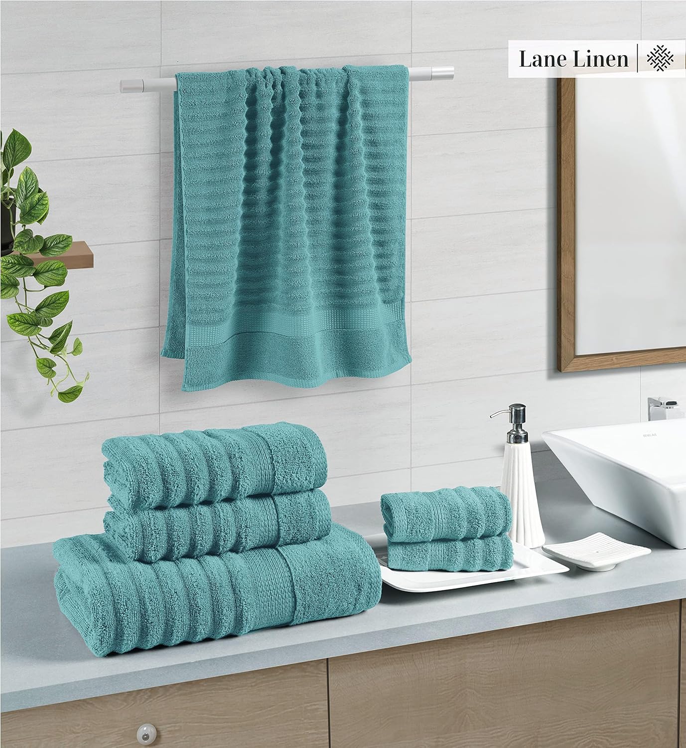LANE LINEN Large Bath Towels Set - Premium Quality, Soft, 100% Cotton Towels for Bathroom, Hotel & Spa - Includes 2 Bath, 2 Hand & 2 Wash Cloths, Super Absorbent Quick Dry Towel (6 Piece Set) - Teal - Image 5