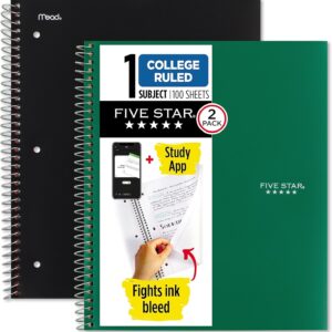 Five Star Spiral Notebook + Study App, 2 Pack, 1-Subject, College Ruled Paper, Fights Ink Bleed, Water Resistant Cover, 8-1/2″ x 11″, 100 Sheets, Black, Green (820187)