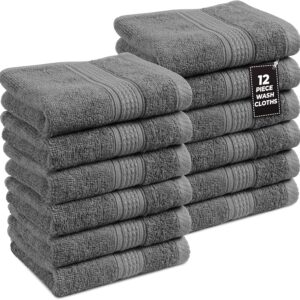 LANE LINEN Washcloths Set – 12 Soft Cotton Washcloths for Bathroom – 13×13 inches – Well Stitched Edges, Softer, Highly Durable, True to Color & Fade Resistant – Ideal Wash Cloths for Body – Grey