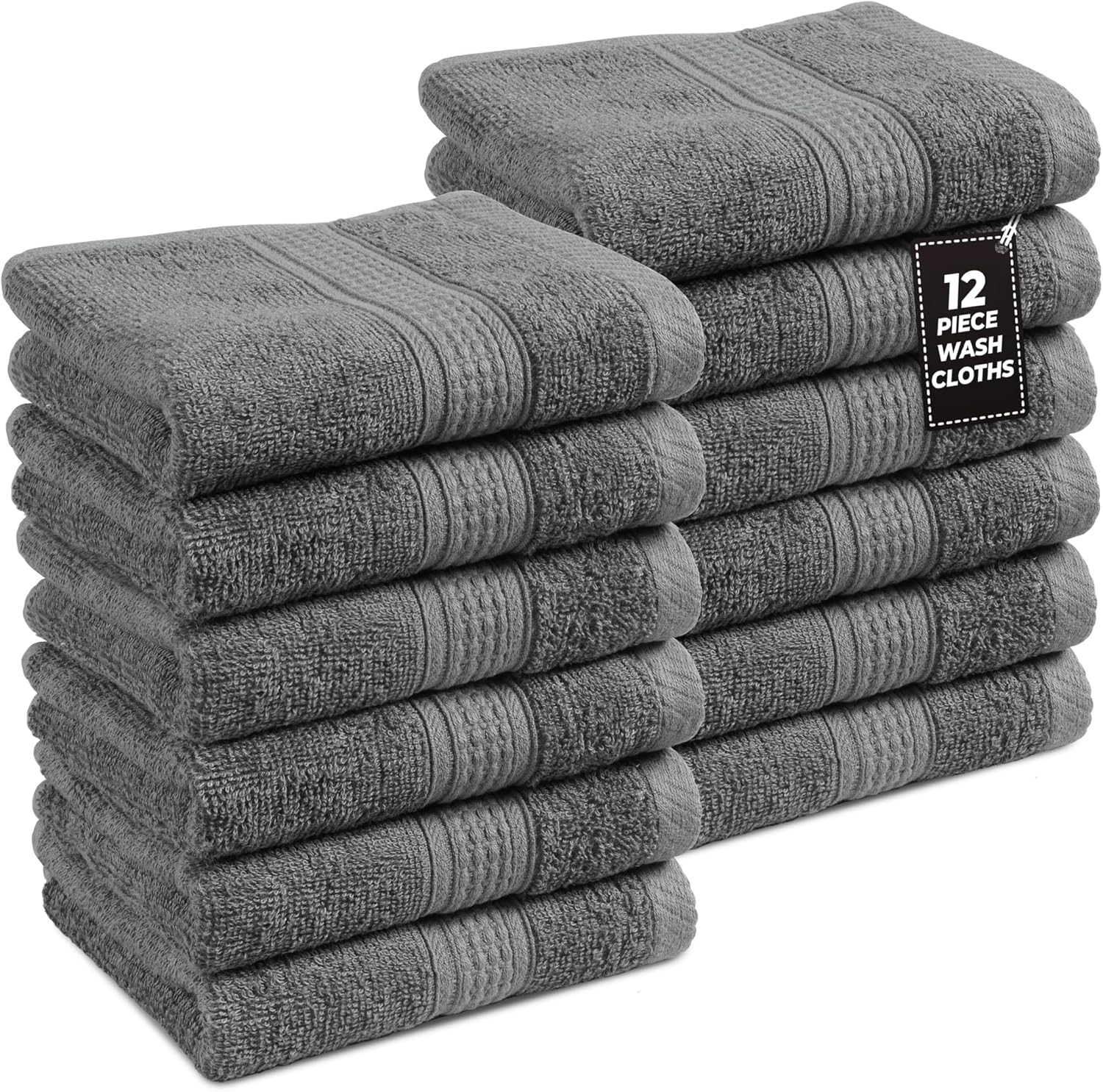 LANE LINEN Washcloths Set - 12 Soft Cotton Washcloths for Bathroom - 13x13 inches - Well Stitched Edges, Softer, Highly Durable, True to Color & Fade Resistant - Ideal Wash Cloths for Body - Grey