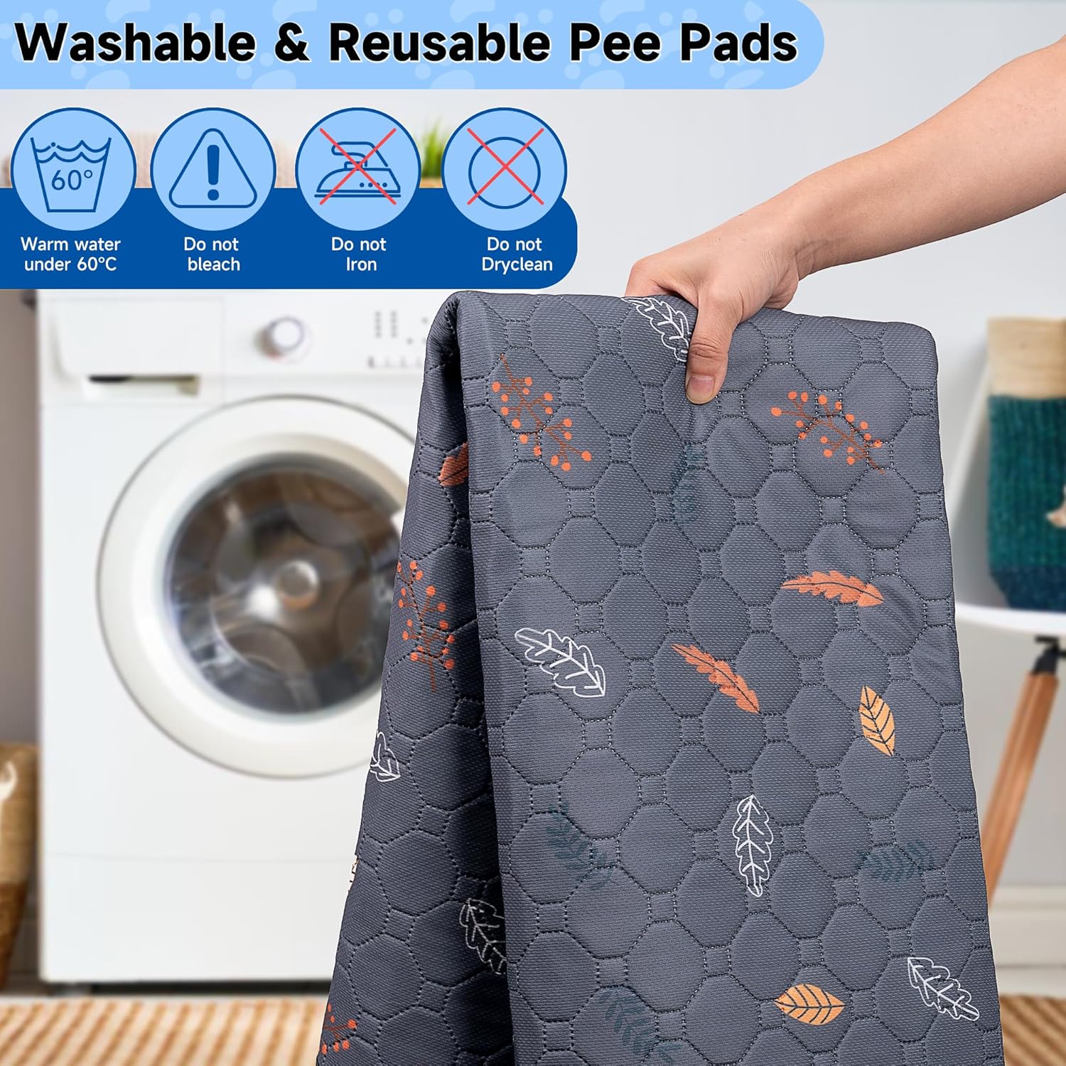 Sunheir 2 Pack Washable Guinea Pig Pee Pads, 24" x 48" Waterproof Reusable Guinea Pig Cage Liners, Absorbent Bedding Training Mat for Small Animal Guinea Pigs Rabbit Bunny Hamster (Leaves - Deep Grey) - Image 4