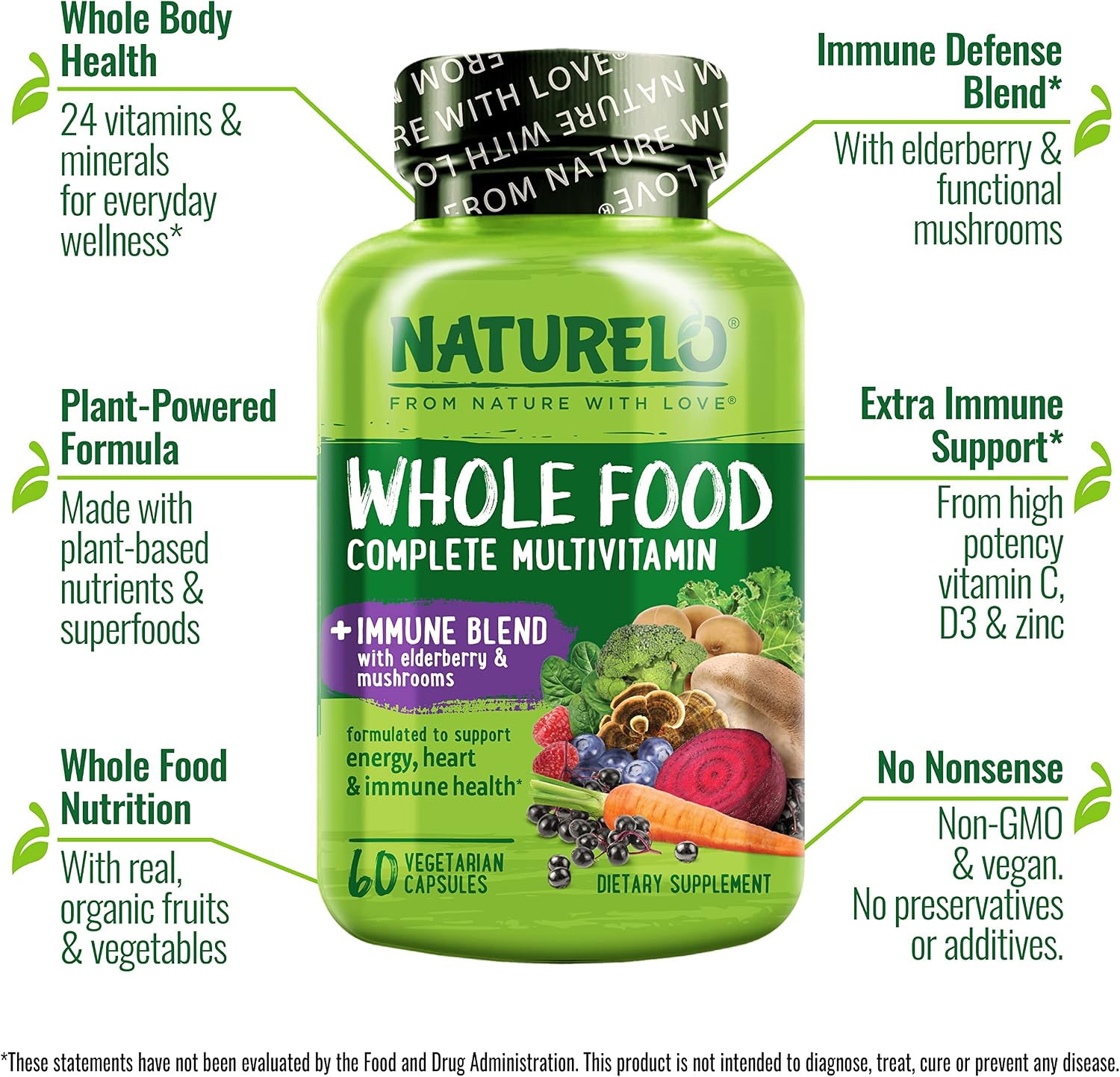 NATURELO Whole Food Multivitamin + Immune Blend with Elderberry & Mushrooms - Complete Multivitamin with Extra Immune Support - C, D3, Zinc, Elderberry, Reishi, Shitake - 60 Vegan Capsules - Image 3