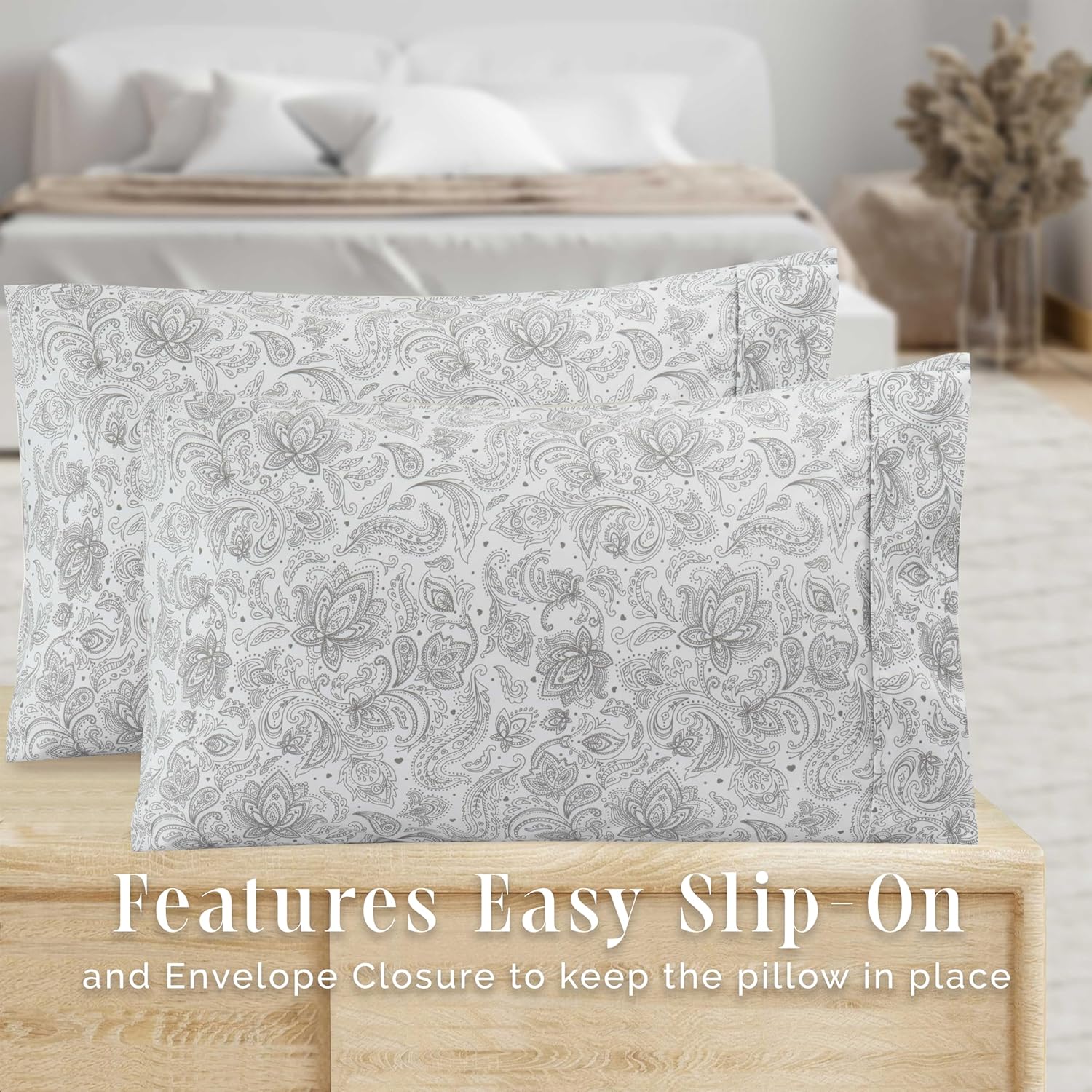 Elegant Comfort Ultra Soft Set of 2 Floral Print Pillowcases - 1500 Premium Hotel Quality Microfiber, Soft and Smooth Envelope Closure 2-Piece Pillow Covers - Standard/Queen, Paisley Gray - Image 4