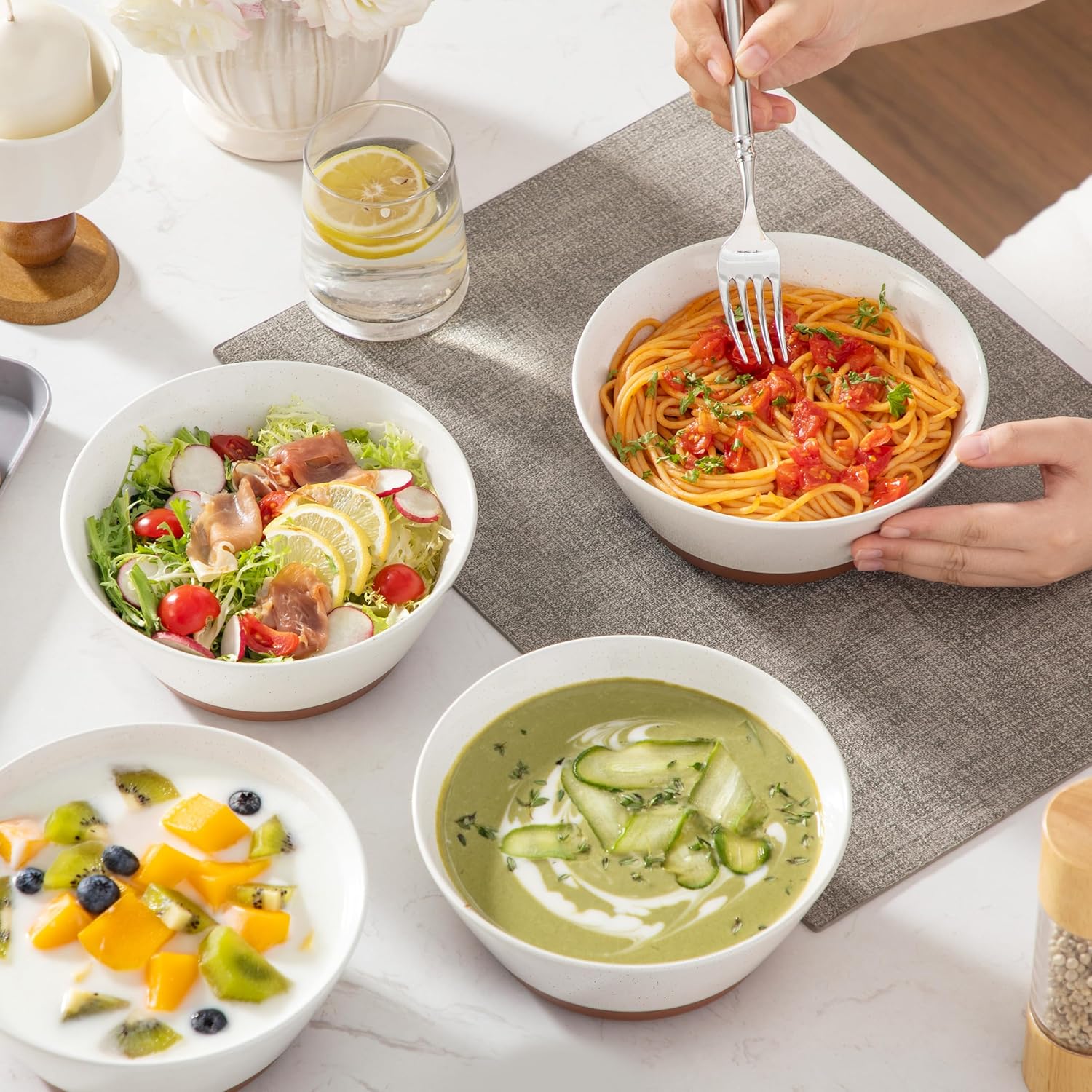 MALACASA Soup Bowls, Ceramic Salad Bowls Set of 4, 36oz Ceramic Bowls for Ramen, Cereal, Fruit and Pho, Microwave & Dishwasher Safe, Speckled Deep Bowls, Vanilla White & Brown - Image 9