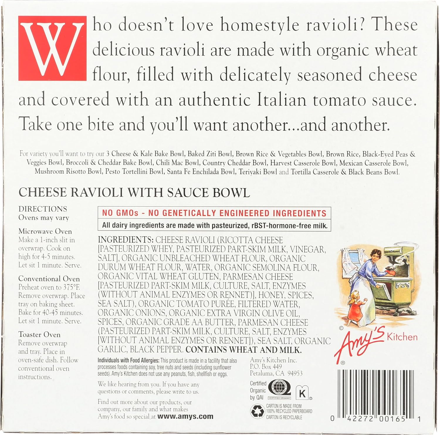 Amy's Frozen Meals, Pasta Bowl, Cheese Ravioli with Tomato Sauce, 9.5 oz. - Image 3