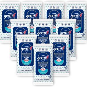 Germ-X Advanced Single-Use Hand Sanitizer Wipes, 20 Soft Wipes (Pack of 10), Fast-Drying & No Rinse Plant-Based Alcohol, Moisturizing Hand Sanitizer with 70% Alcohol