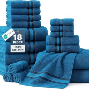 LANE LINEN 18Pc 100% Cotton Bath Towels – 6 Bath, 6 Hand Towel & 6 Washcloths, Zero Twist, Absorbent Softness for Daily Use, Perfect for Airbnb, Spa & Hotel, Machine Washable – Sea Port