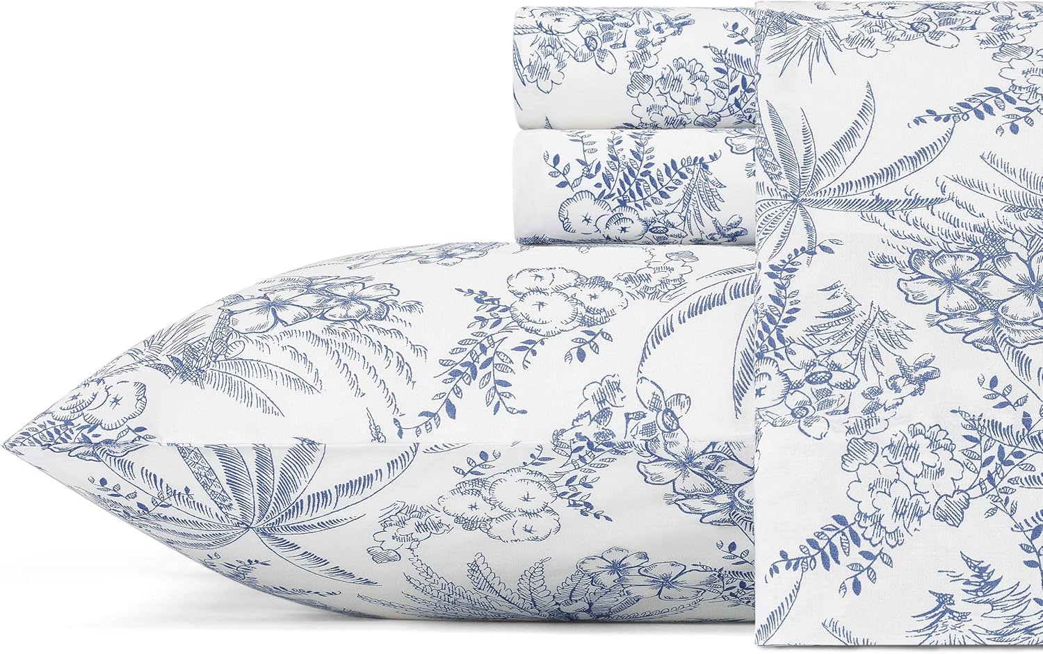 Tommy Bahama - Queen Size Sheet Set, Crisp Percale Cotton Bedding with Matching Pillowcases, Fully Elastic Fitted Sheet, Deep Pocket, Floral Room Decor (Pen and Ink Blue) - Image 2