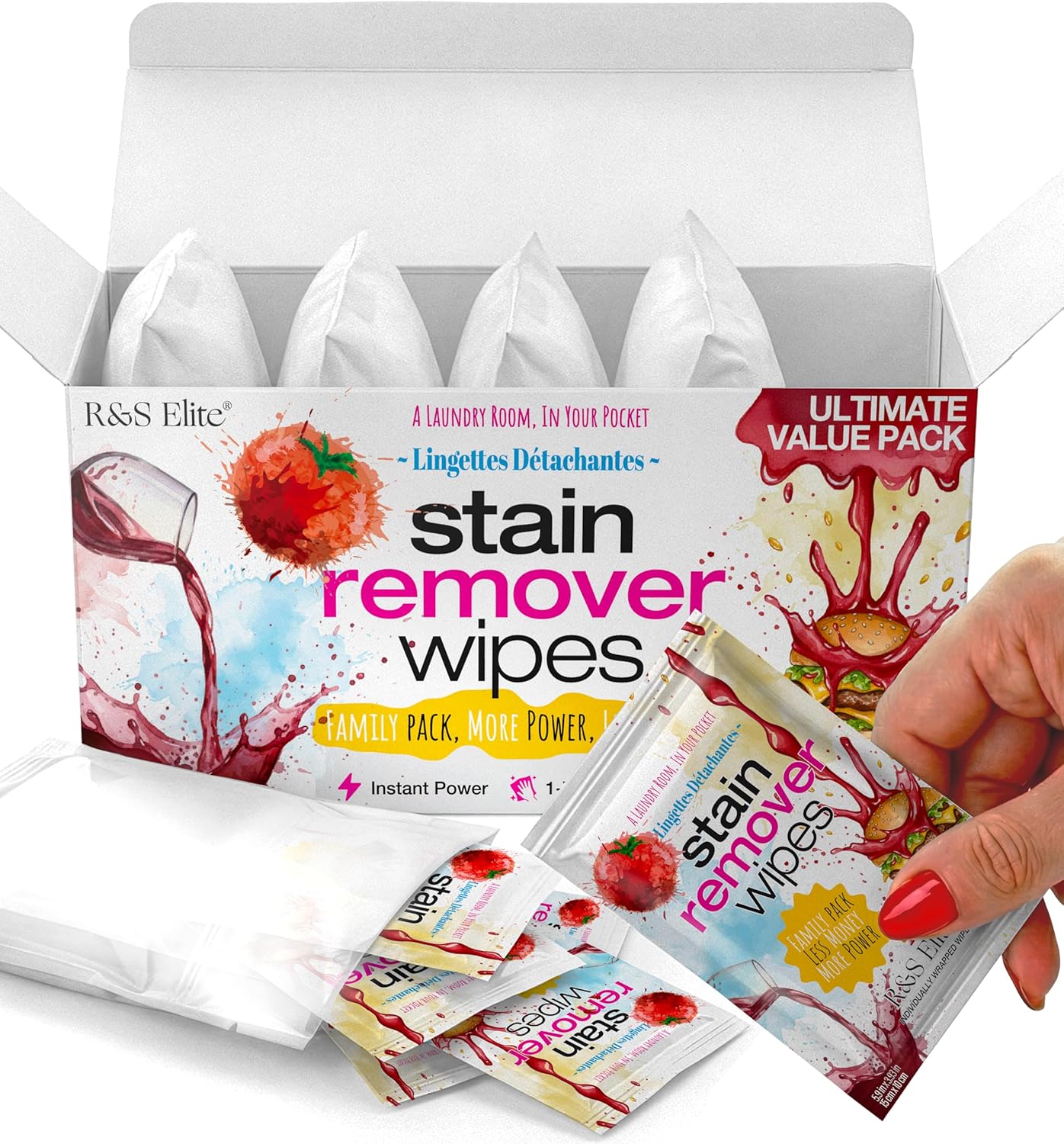 Stain Remover Wipes - 50 PCS Individually Wrapped – Instant Stain Remover for Clothes, Fabric & Jackets – Portable No-Rinse Cleaner for Travel, Purse & Diaper Bag – Removes Grease, Food & More - Image 2