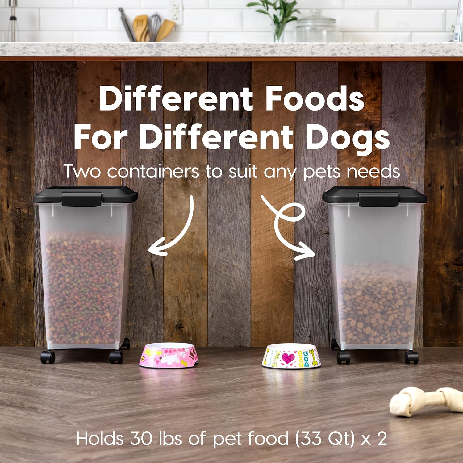 IRIS USA Dog Food Storage Container, 2 Pack, Up to 30 lbs Each, Airtight Seal for Freshness, Wheels for Rolling, Easy One Hand Opening, Made in USA, BPA Free, Clear/Black - Image 4