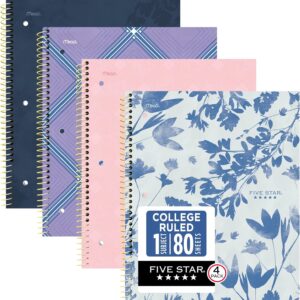 Five Star Spiral Notebook + Study App, 1 Subject, College Ruled Paper, 8-1/2″ x 11″, 80 Sheets, Styles, 4 Pack (850222F)