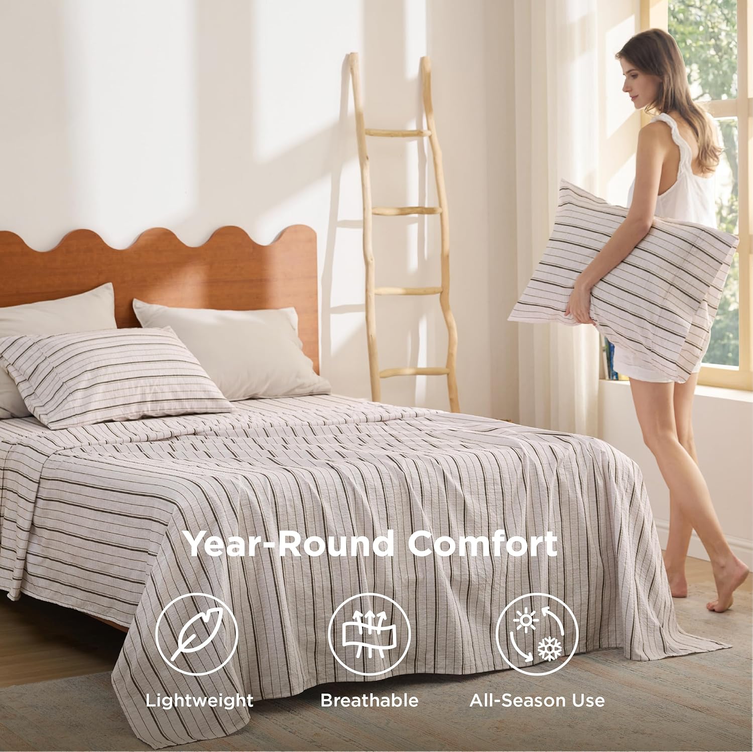 Bedsure Striped Sheets Queen Size-Fits Mattresses Up to 16" Deep-4 Piece Breathable Bed Sheets, Imitation Cotton Textured Jacquard Dobby Stripe Bedsheet & Pillowcases for Kids,Women,Men,Beige - Image 6