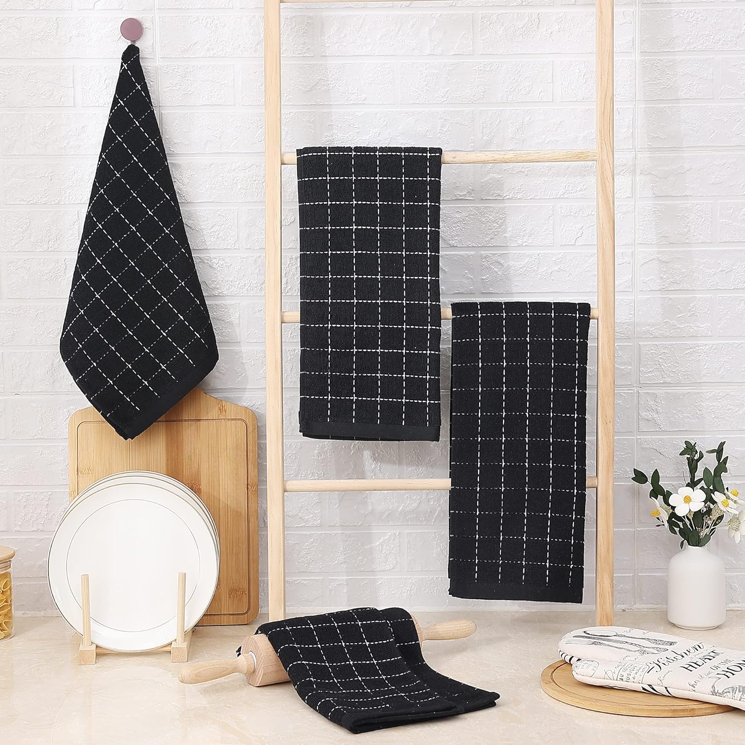 Homaxy 100% Cotton Terry Kitchen Towels(Black, 13 x 28 inches), Checkered Designed, Soft and Super Absorbent Dish Towels, 4 Pack - Image 6