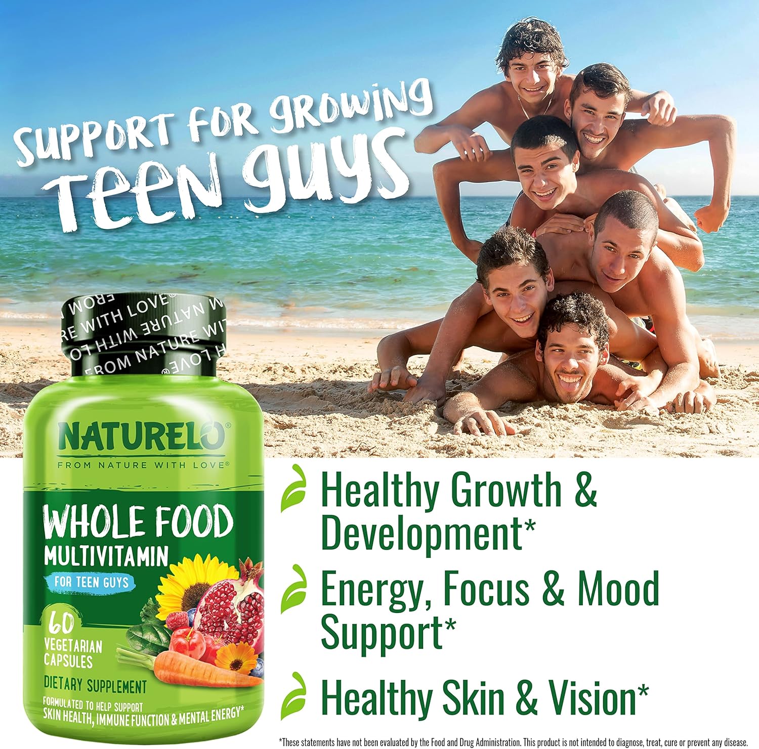 NATURELO Teen Multivitamin - Whole Food Multivitamin for Teenage Boys - Minerals Supplement for Active Kids - with Plant Extracts - Non-GMO - Vegan & Vegetarian - 60 Capsules - Image 6
