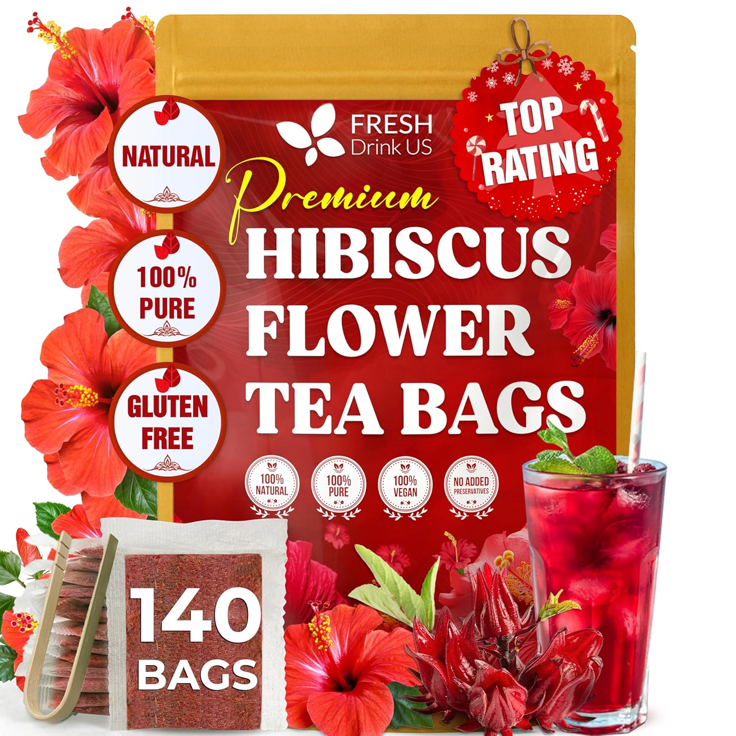 FRESHDRINKUS 140 Hibiscus Flowers Tea Bags, 100% Natural, Pure from Hibiscus Flowers. Loose Flower Hibiscus Herbal Tea. Hibiscus Flower Tea. No Sugar, No Caffeine, No Gluten, Vegan. - Image 2