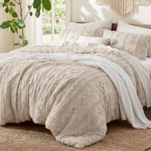 Bedsure Tufted Boho Comforter Set Queen Size – Beige Boho Bed Set, GentleSoft™ 3 Pieces Farmhouse-Style Embroidery Bedding, Gifts for Woman, Soft Jacquard Queen Comforter for All Seasons