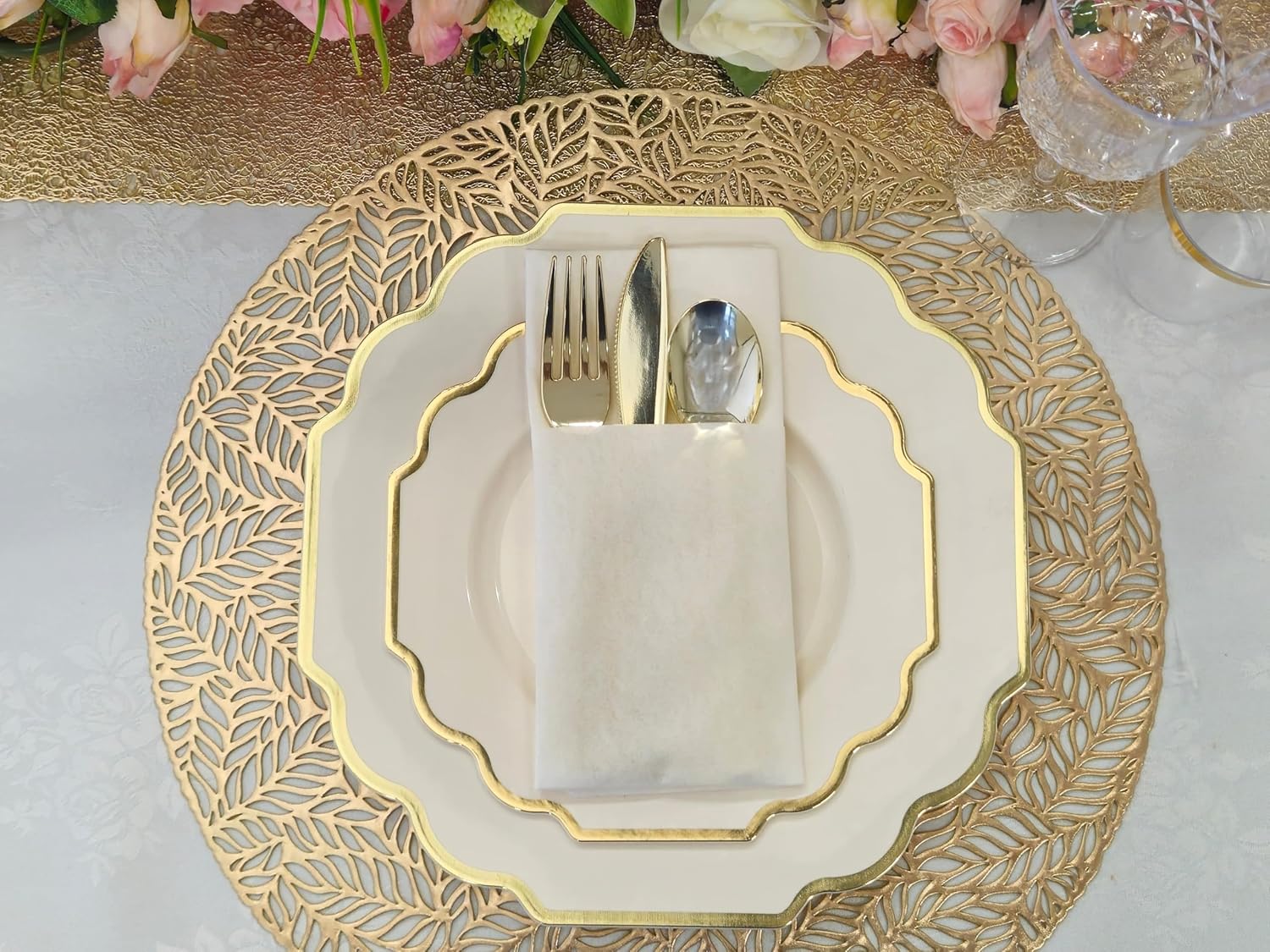 " OCCASIONS " 240 Plates Pack (120 Guests) Heavyweight Wedding Party Disposable Plastic Plates Set -120 x 10.5'' Dinner + 120 x 8'' Salad/Dessert Plate (Imperial Ivory & Gold) - Image 5