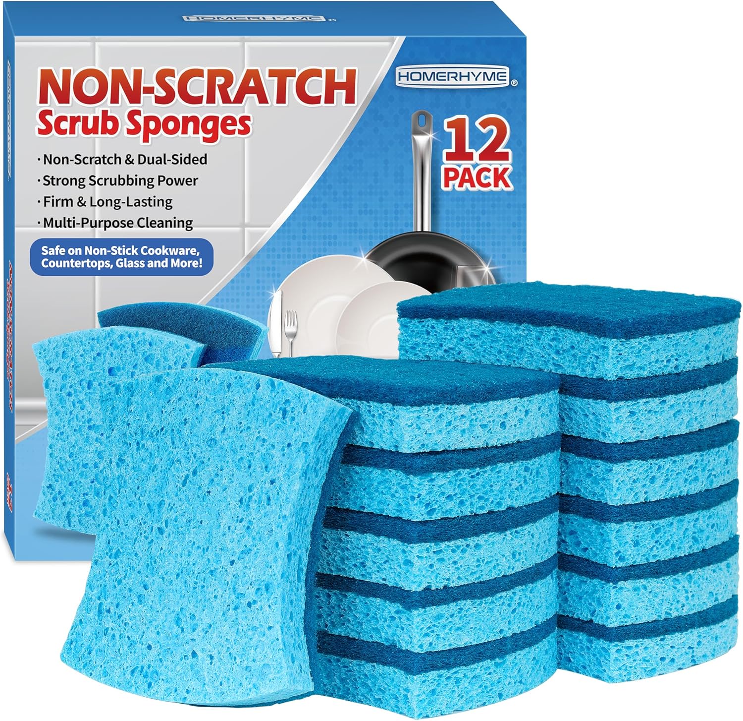 Non-Scratch Cellulose Scrub Sponges 12 Pack, Sponges Kitchen with Double-Side & Ergonomic Design for Dishes, Coated Cookware, Sink & Countertops. - Image 2