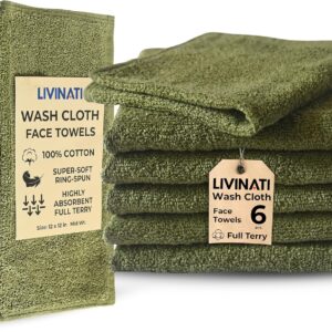Sage Green 100% Cotton Wash Cloths for Showering Body and Face – 12″X12″ 6 Pack Washcloths – Small Terry Towel Bath Rags for Adults and Kids Bathroom – Soft Absorbent