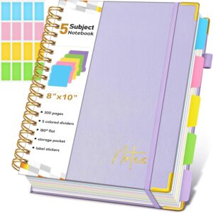 Spiral Notebook Journal with Removable Dividers Tabs, 300 Pages Hardcover Leather 5 Subject College Ruled Notebook, 8″x10″ Large B5 Lined Journal for Women Men, Spiral Notebooks for Work School,Purple