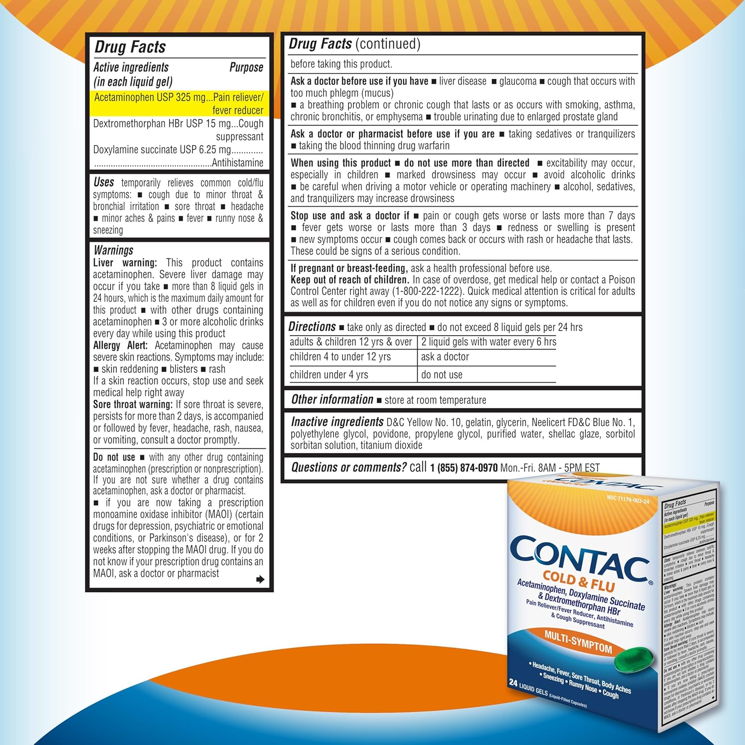 Contac Cold & Flu Medicine, Powerful, Multi-Symptom Relief for Pain, Fever, Sore Throat, Body Aches, Sneezing, Runny Nose & Cough, Flu & Cold Medicine for Adults and Kids 12+, 24 Count Liquid Gels - Image 3