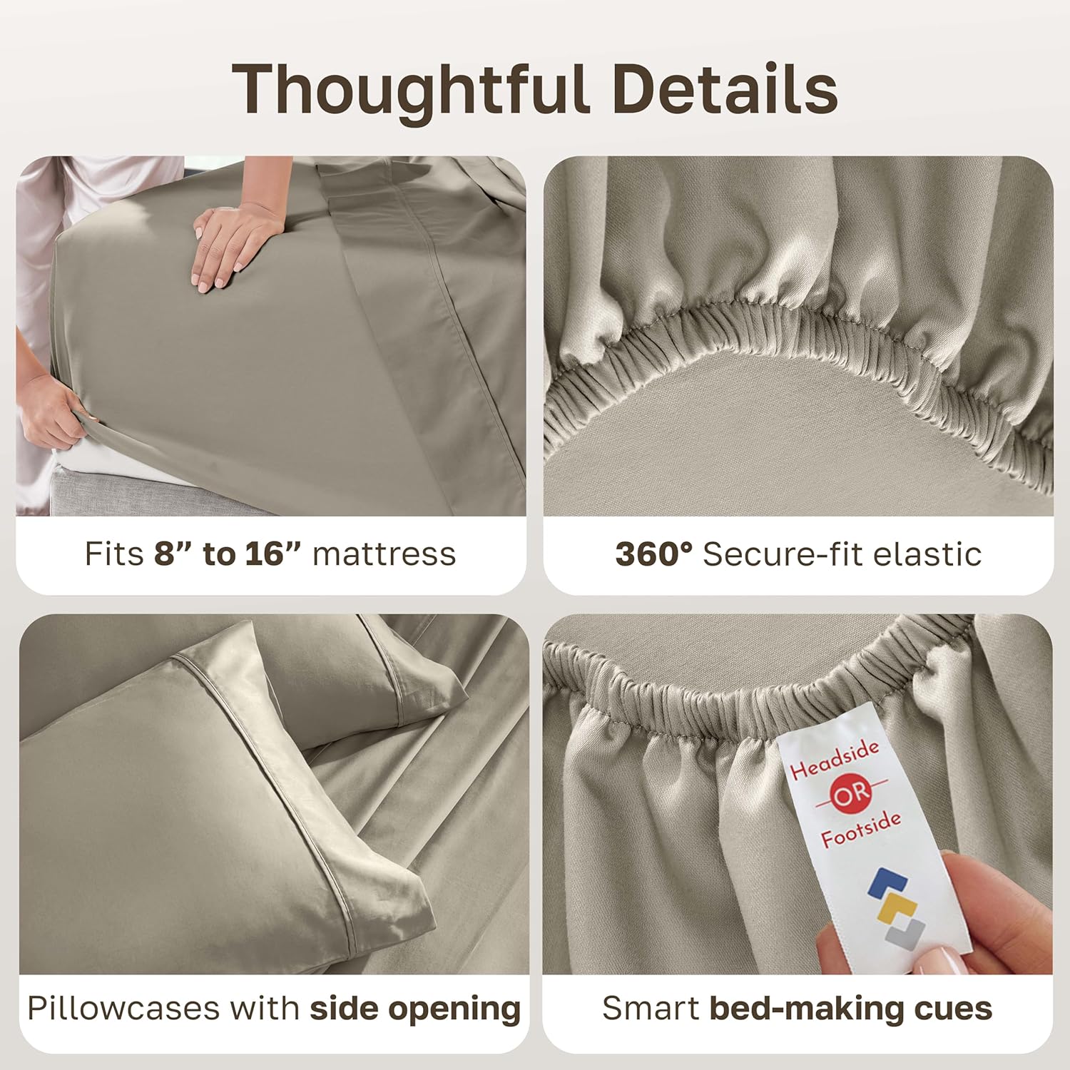 California Design Den Soft 100% Cotton Bed Sheets Queen Size Set, 400 TC Good Housekeeping Award Winner, Silky Smooth Sateen Weave with Deep Pockets, Breathable and Durable Queen Bedding Set - Taupe - Image 7