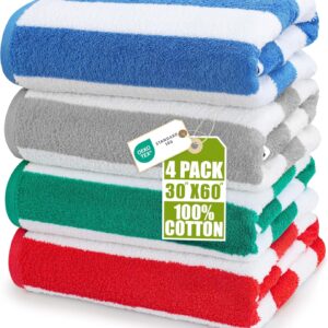Utopia Towels Pack of 4 Cabana Beach Towels, Oversized 30 x 60 Inches Cotton Beach Towel Set, Smooth Ring Spun Texture for Pool and Swim Days, Modern Striped Design Bath Towels