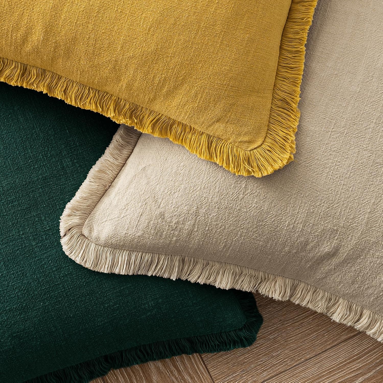 MIULEE Decorative Throw Pillow Covers Neutral Linen Fringe Throw Pillows Set of 2 Beige Boho Farmhouse Cushion Covers with Tassels for Couch Sofa Bed Living Room Spring Home Decor 16x16 Inch - Image 5