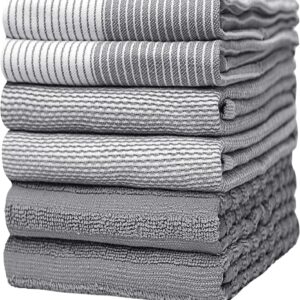 Premium Kitchen Towels (20”x 28”, 6 Pack) | Large Cotton Dish Towels | Flat & Terry Highly Absorbent Kitchen Linen Set with Hanging Loop | Gray