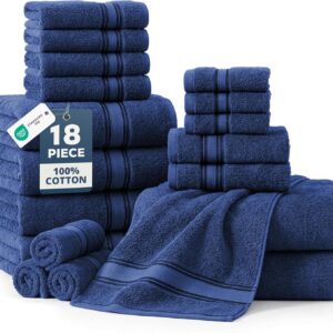 LANE LINEN 100% Mercerized Cotton Bath Towel Set of 18 – Zero Twist Shower Towels, 6 Bath, 6 Hand Towel & 6 Washcloths, Quick-Dry, Luxuriously Soft & Durable, Perfect for Everyday use – Navy
