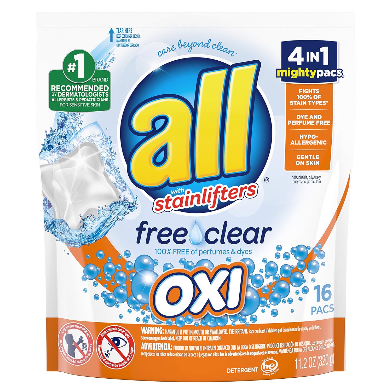 All Mighty Pacs Laundry Detergent, Free Clear Pouch, 16 Count (10072613739827) - Image 2