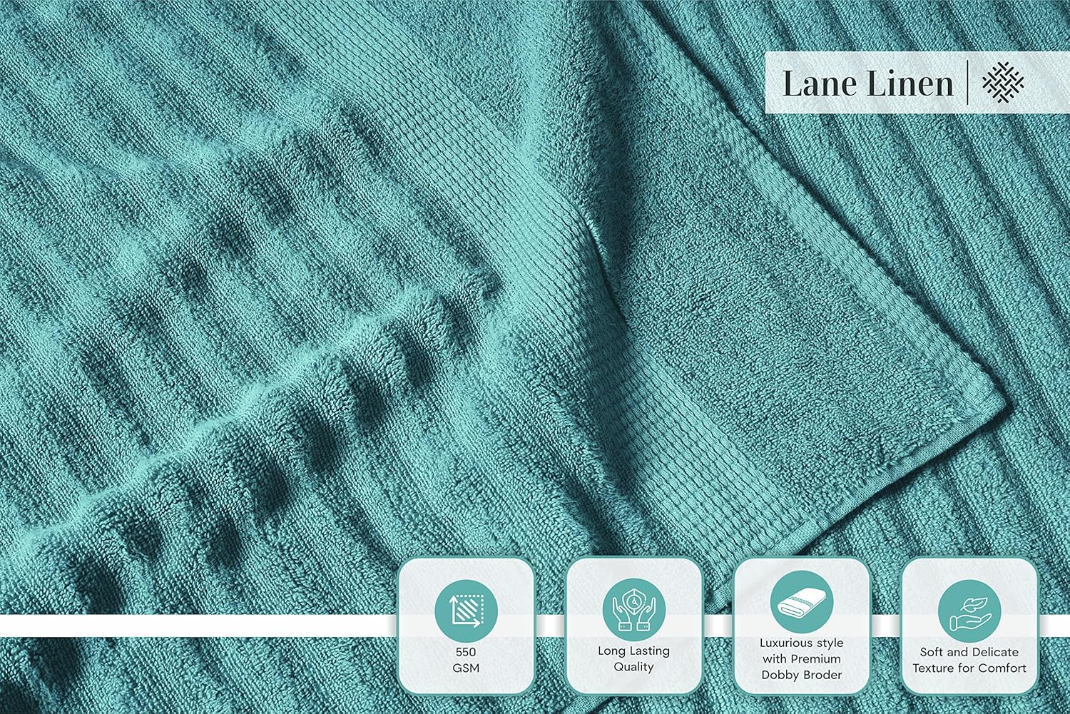 LANE LINEN Large Bath Towels Set - Premium Quality, Soft, 100% Cotton Towels for Bathroom, Hotel & Spa - Includes 2 Bath, 2 Hand & 2 Wash Cloths, Super Absorbent Quick Dry Towel (6 Piece Set) - Teal - Image 3
