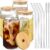 Drinking Glasses with Bamboo Lids and Glass Straw 4pcs Set – 16oz Glass Cups, Iced Coffee Glasses, Cute iced Tea Glasses, Beer Glasses, Ideal for Coffee Bar Accessories, Aesthetic Gift – 2 Brushes